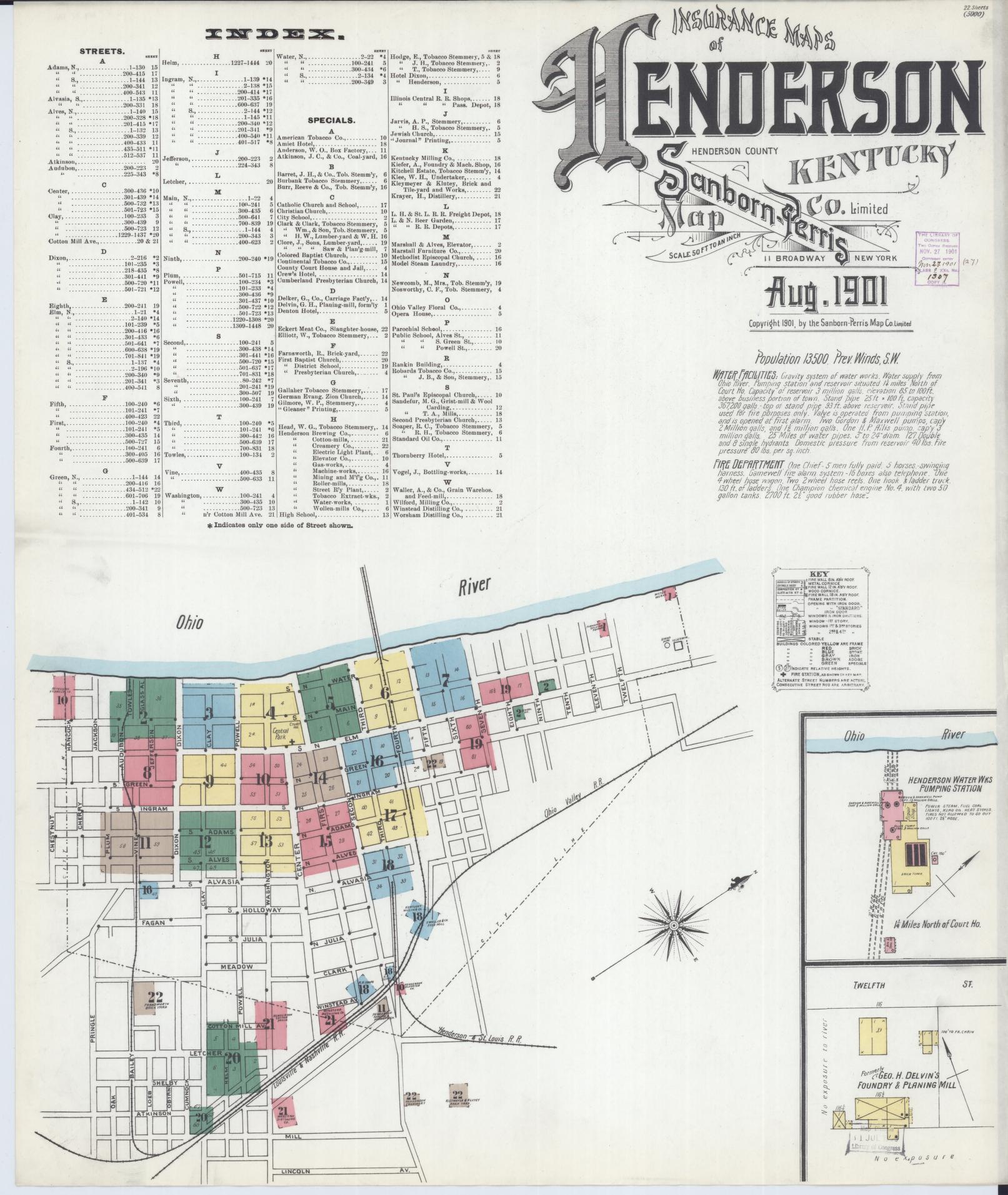 Sanborn Fire Insurance Map from Henderson, Henderson County, Kentucky (1901), Sheet #0001 - Historic Sanborn Fire Insurance Map Print, vintage old map wall art, antique decor, genealogy gift, Kentucky Kentucky map