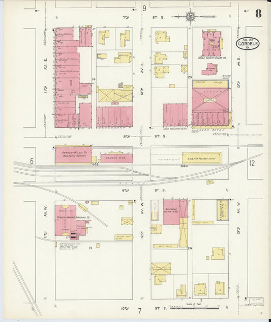 Sanborn Fire Insurance Map from Cordele, Crisp County, Georgia (1913), Sheet #0008 - Historic Sanborn Fire Insurance Map Print, vintage old map wall art, antique decor, genealogy gift, Georgia Georgia map