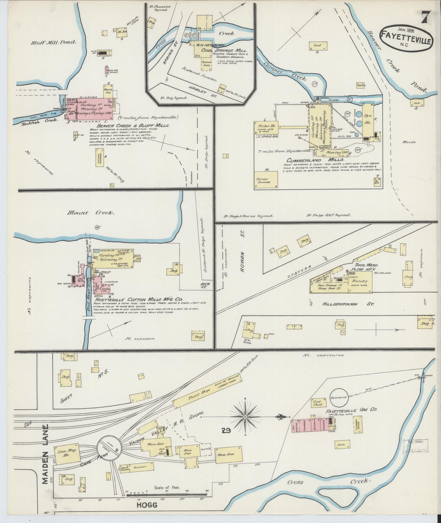 Sanborn Fire Insurance Map from Fayetteville, Cumberland County, North Carolina (1891), Sheet #0007 - Historic Sanborn Fire Insurance Map Print, vintage old map wall art, antique decor, genealogy gift, North Carolina North Carolina map