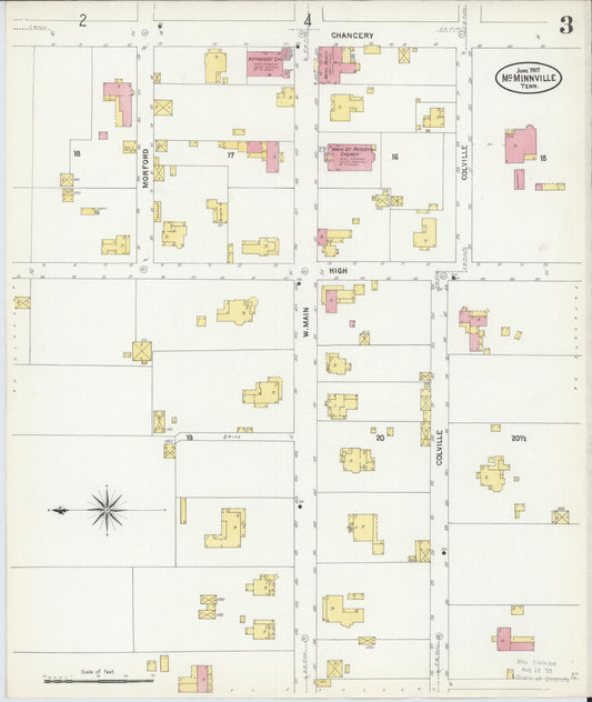 Sanborn Fire Insurance Map from McMinnville, Warren County, Tennessee (1907), Sheet #0003 - Historic Sanborn Fire Insurance Map Print, vintage old map wall art, antique decor, genealogy gift, Tennessee Tennessee map