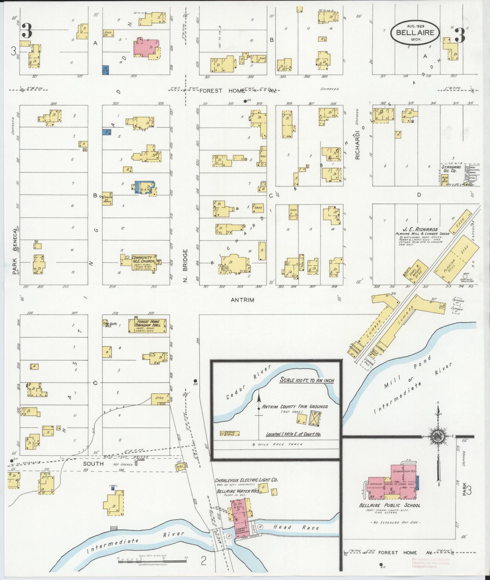 Sanborn Fire Insurance Map from Bellaire, Antrim County, Michigan (1929), Sheet #0003 - Historic Sanborn Fire Insurance Map Print, vintage old map wall art, antique decor, genealogy gift, Michigan Michigan map