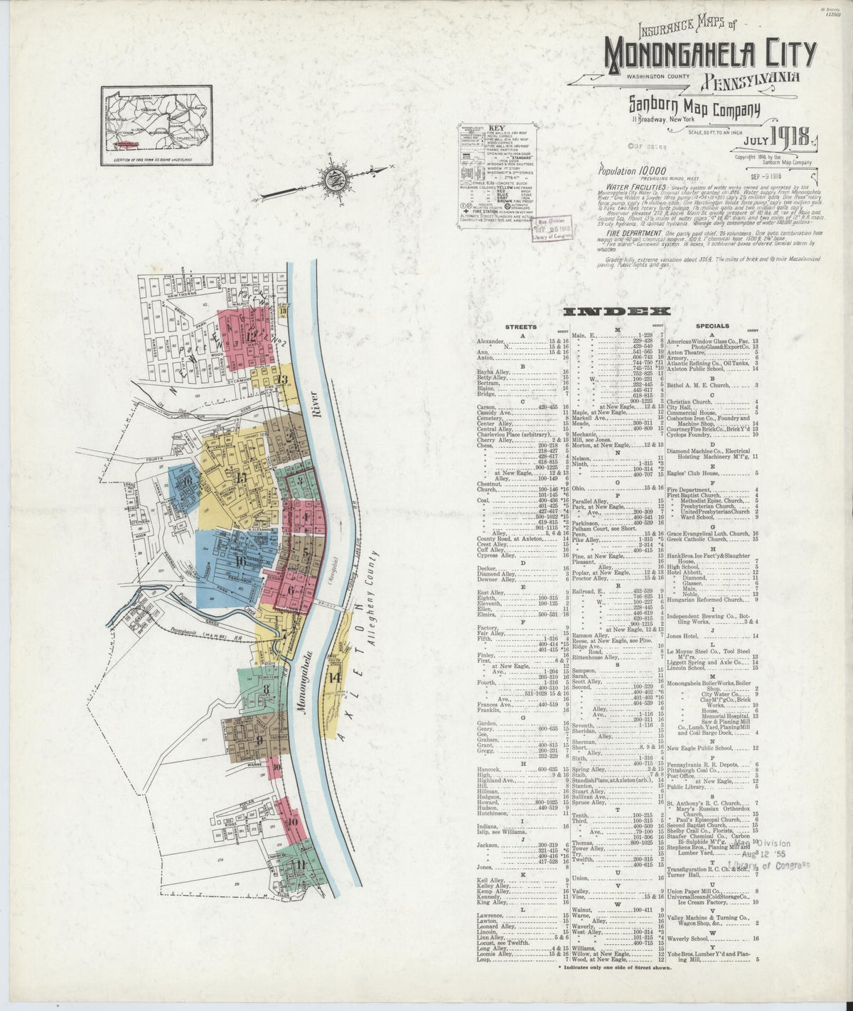 Sanborn Fire Insurance Map from Monongahela City, Washington County, Pennsylvania (1918), Sheet #0001 - Complete Map Set gallery image, historic Sanborn map, vintage wall art, Pennsylvania Pennsylvania
