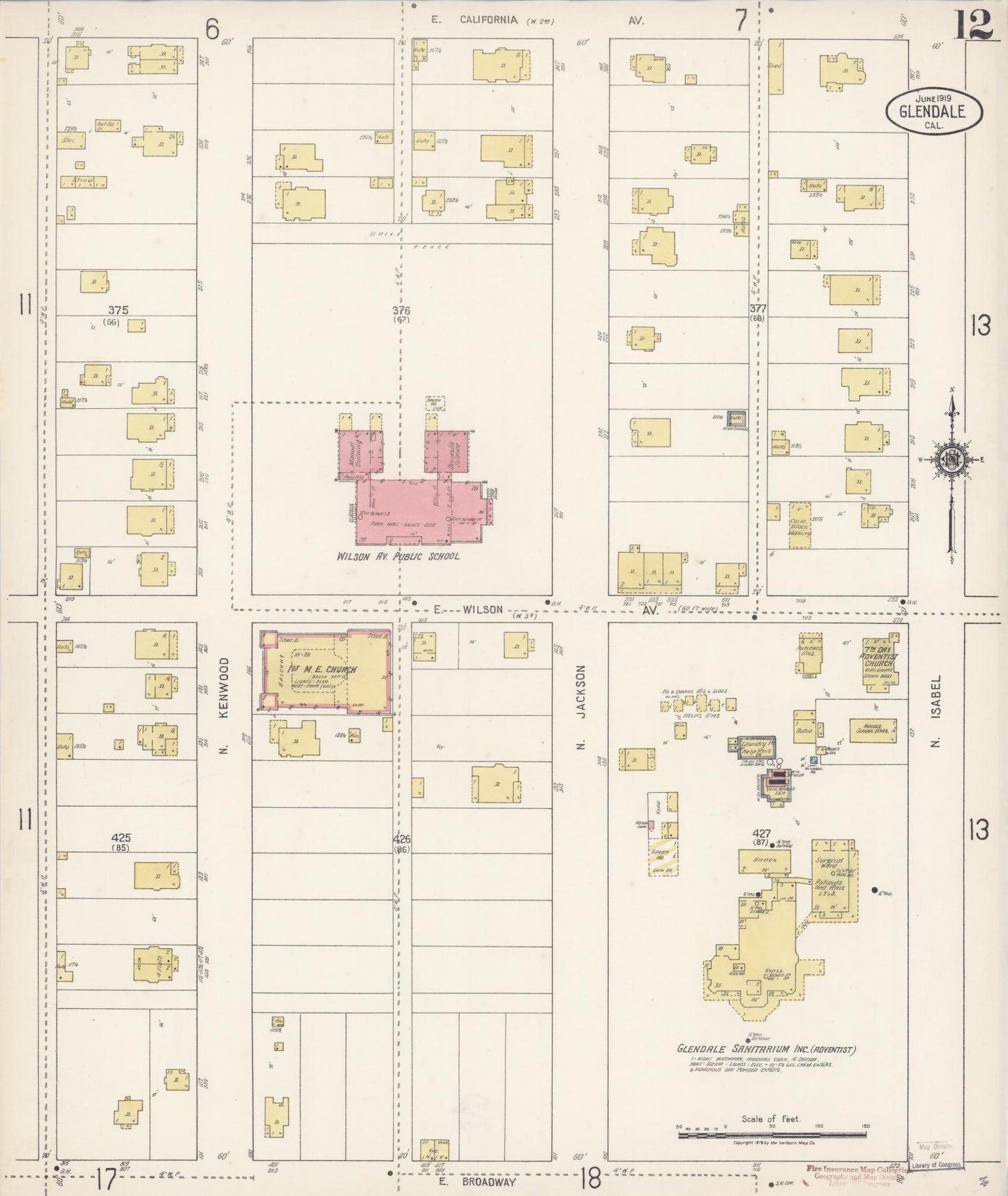 Sanborn Fire Insurance Map from Glendale, Los Angeles County, California (1919), Sheet #0012 - Historic Sanborn Fire Insurance Map Print, vintage old map wall art, antique decor, genealogy gift, California California map