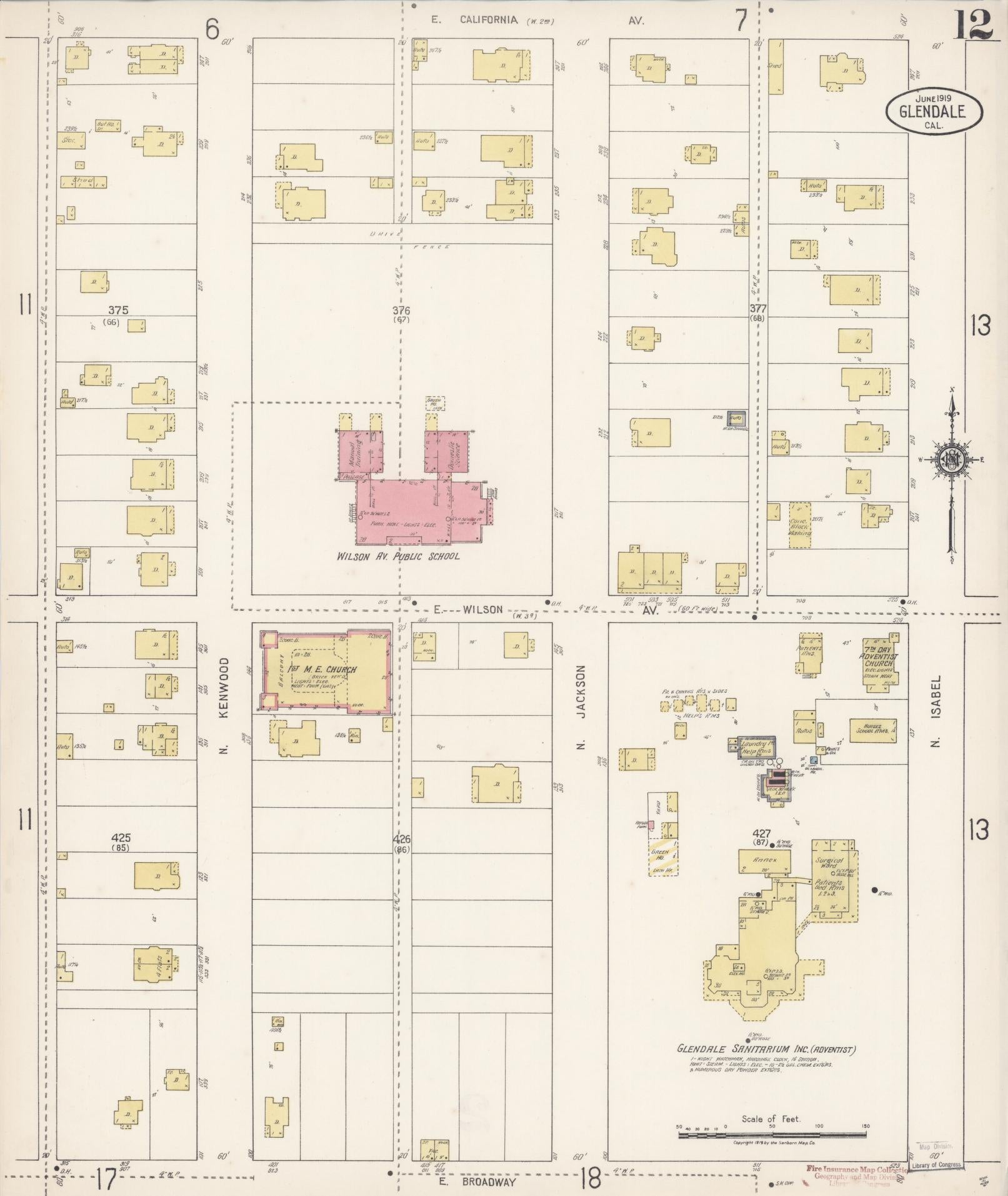 Sanborn Fire Insurance Map from Glendale, Los Angeles County, California (1919), Sheet #0012 - Historic Sanborn Fire Insurance Map Print, vintage old map wall art, antique decor, genealogy gift, California California map