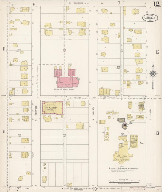 Sanborn Fire Insurance Map from Glendale, Los Angeles County, California (1919), Sheet #0012 - Historic Sanborn Fire Insurance Map Print, vintage old map wall art, antique decor, genealogy gift, California California map