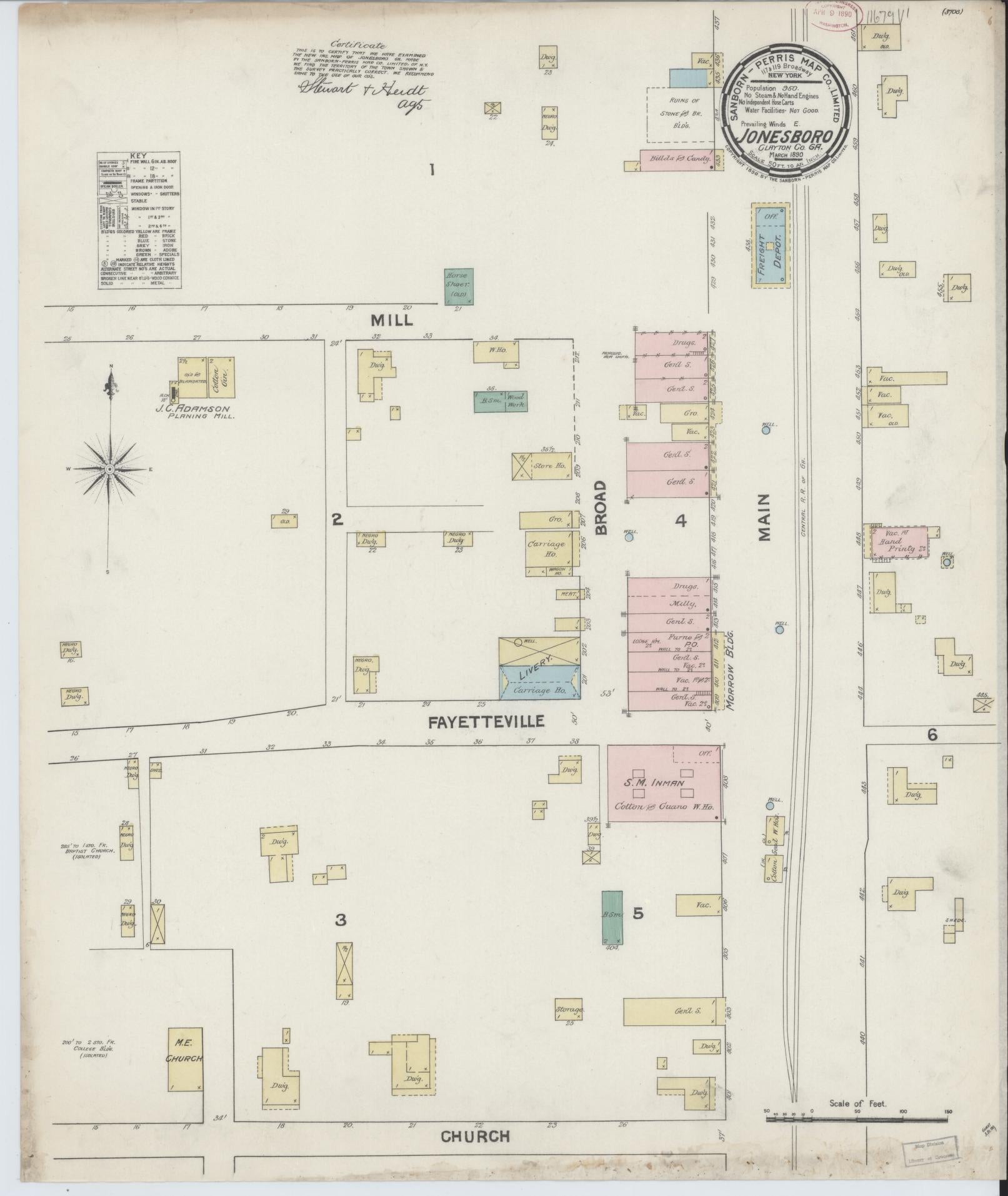 Sanborn Fire Insurance Map from Jonesboro, Clayton County, Georgia (1890), Sheet #0001 - Historic Sanborn Fire Insurance Map Print, vintage old map wall art, antique decor, genealogy gift, Georgia Georgia map