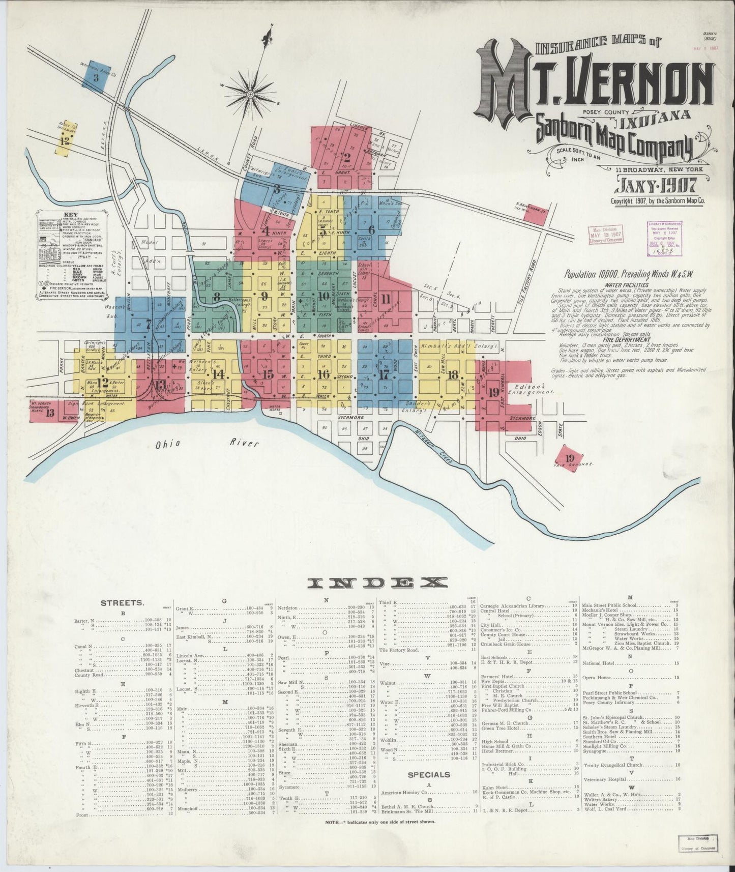 Sanborn Fire Insurance Map from Mount Vernon, Posey County, Indiana (1907), Sheet #0001 - Historic Sanborn Fire Insurance Map Print, vintage old map wall art, antique decor, genealogy gift, Indiana Indiana map