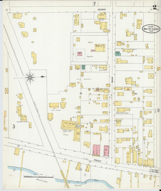 Sanborn Fire Insurance Map from Bay Saint Louis, Hancock County, Mississippi (1904), Sheet #0002 - Historic Sanborn Fire Insurance Map Print, vintage old map wall art, antique decor, genealogy gift, Mississippi Mississippi map