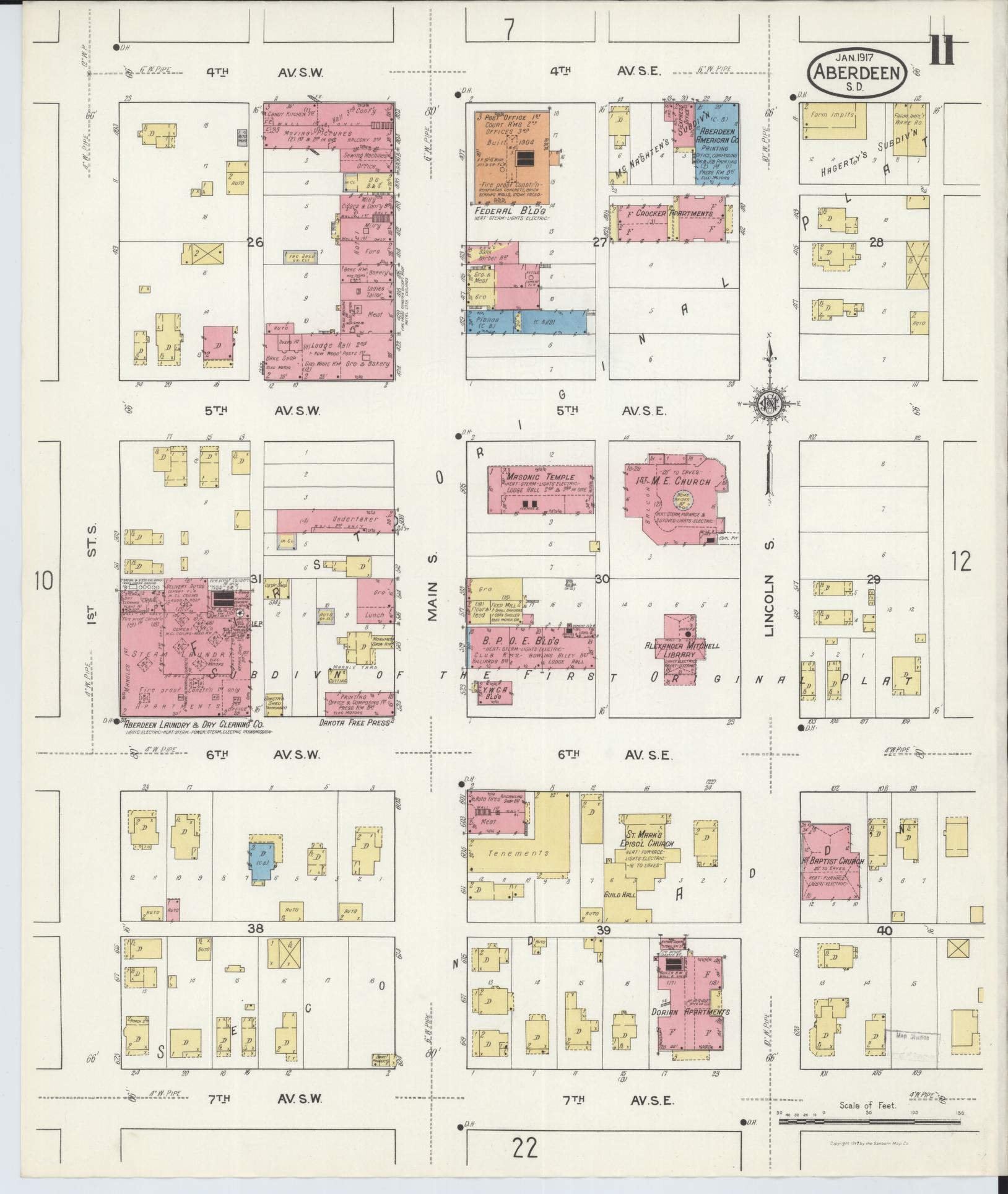 Sanborn Fire Insurance Map from Aberdeen, Brown County, South Dakota (1917), Sheet #0011 - Complete Map Set gallery image, historic Sanborn map, vintage wall art, South Dakota South Dakota