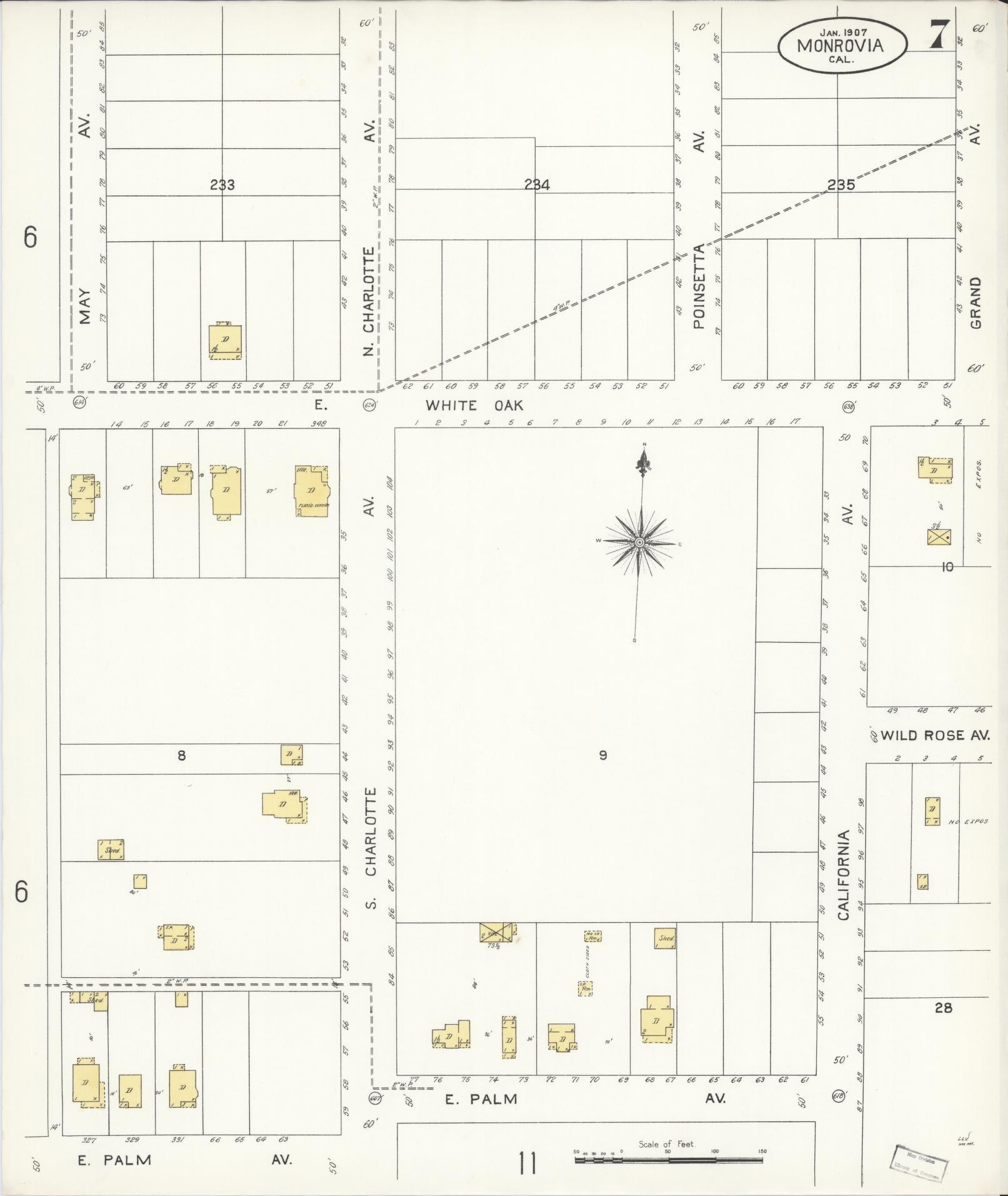 Sanborn Fire Insurance Map from Monrovia, Los Angeles County, California (1907), Sheet #0007 - Complete Map Set gallery image, historic Sanborn map, vintage wall art, California California