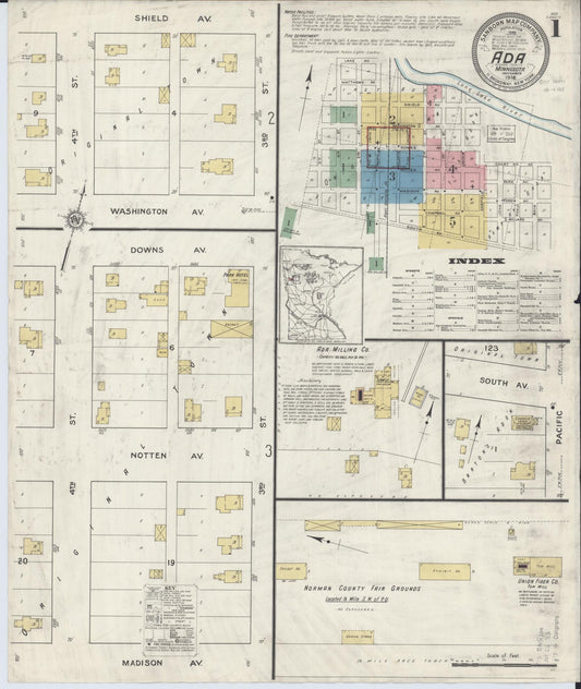 Sanborn Fire Insurance Map from Ada, Norman County, Minnesota (1916), Sheet #0001 - Complete Map Set gallery image, historic Sanborn map, vintage wall art, Minnesota Minnesota