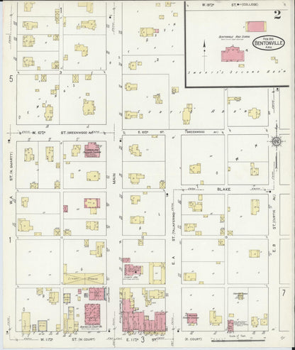 Sanborn Fire Insurance Map from Bentonville, Benton County, Arkansas (1914), Sheet #0002 - Complete Map Set gallery image, historic Sanborn map, vintage wall art, Arkansas Arkansas