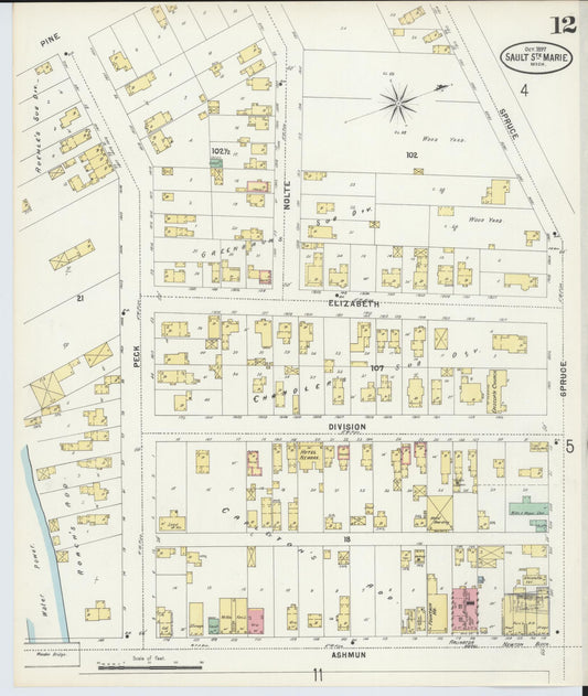 Sanborn Fire Insurance Map from Sault Sainte Marie, Chippewa County, Michigan (1897), Sheet #0012 - Historic Sanborn Fire Insurance Map Print, vintage old map wall art, antique decor, genealogy gift, Michigan Michigan map