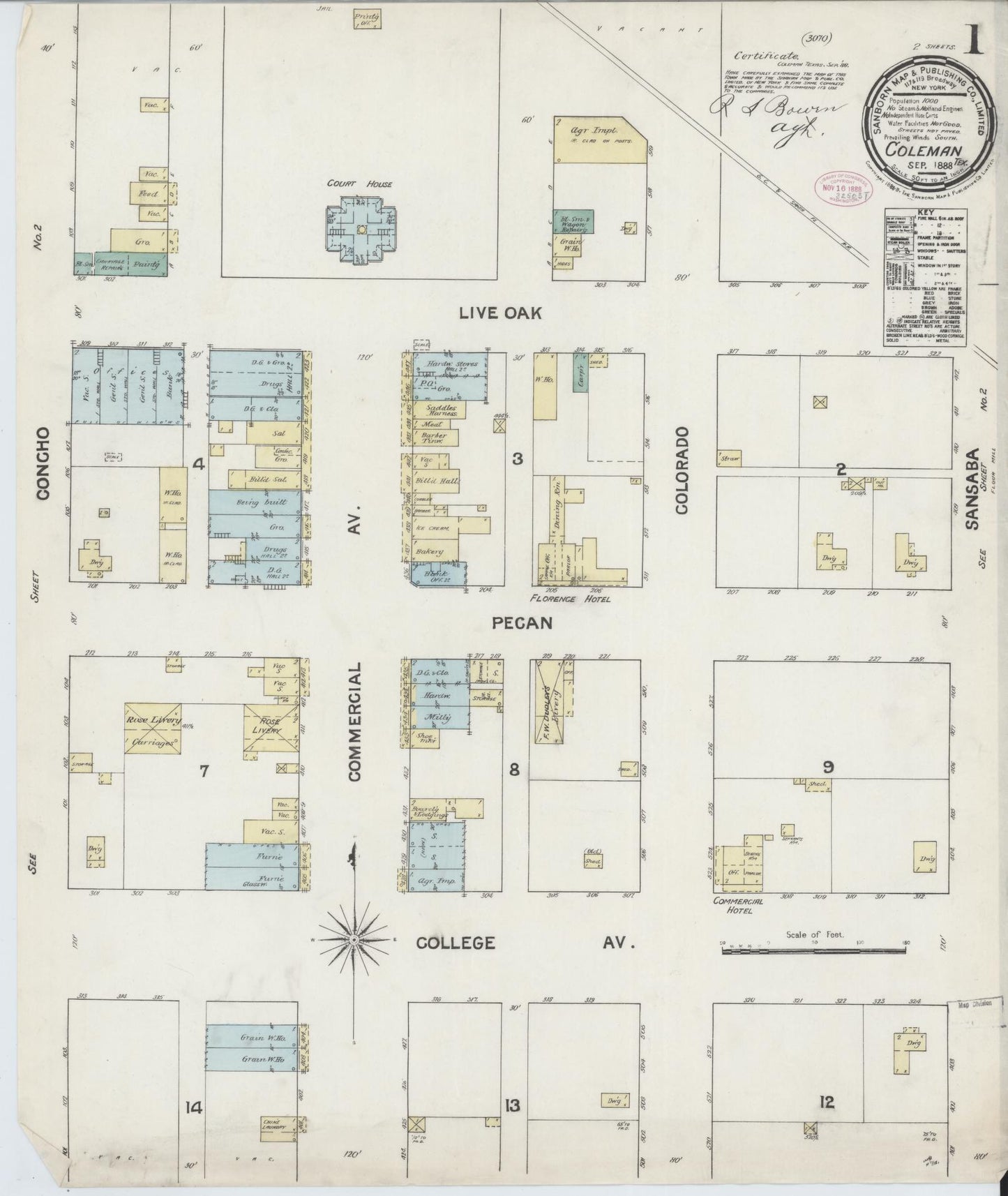 Sanborn Fire Insurance Map from Coleman, Coleman County, Texas (1888), Sheet #0001 - Complete Map Set gallery image, historic Sanborn map, vintage wall art, Texas Texas