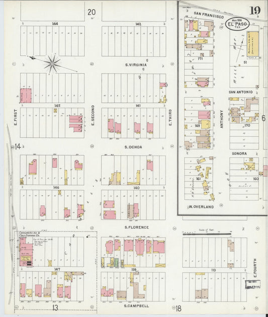 Sanborn Fire Insurance Map from El Paso, El Paso County, Texas (1898), Sheet #0019 - Historic Sanborn Fire Insurance Map Print, vintage old map wall art, antique decor, genealogy gift, Texas Texas map