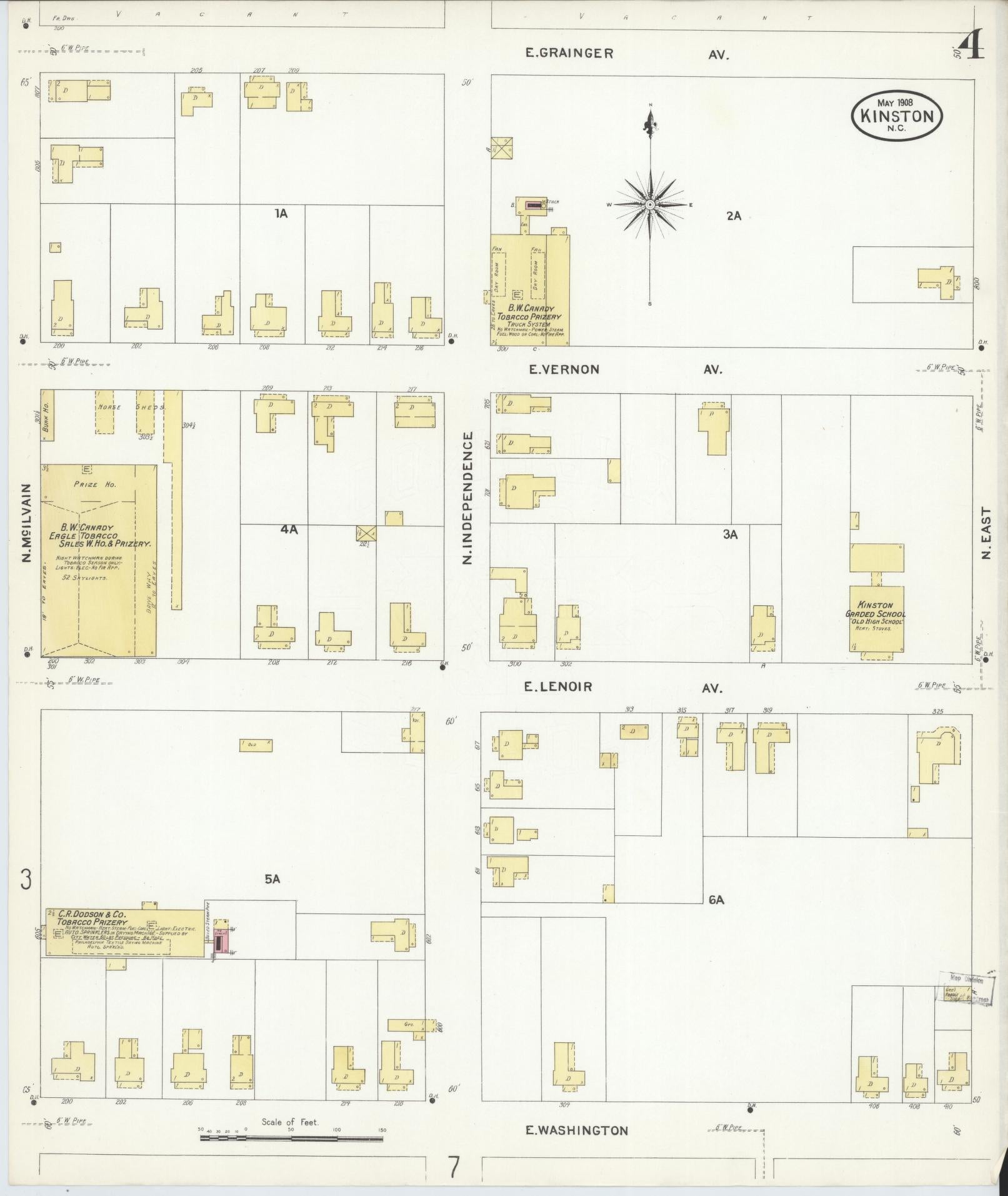 Sanborn Fire Insurance Map from Kinston, Lenoir County, North Carolina (1908), Sheet #0004 - Complete Map Set gallery image, historic Sanborn map, vintage wall art, North Carolina North Carolina