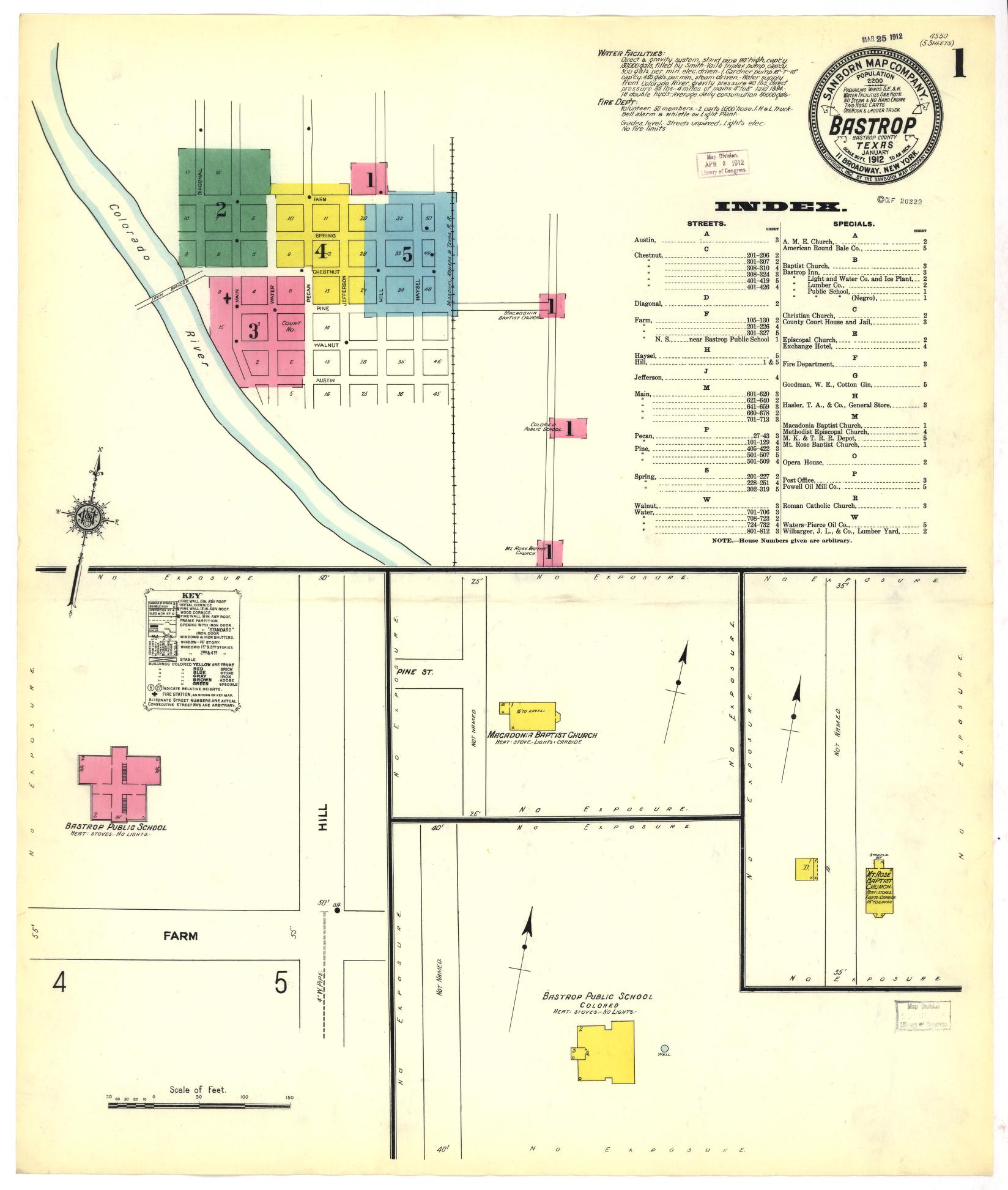 Sanborn Fire Insurance Map from Bastrop, Bastrop County, Texas (1912), Sheet #0001 - Historic Sanborn Fire Insurance Map Print, vintage old map wall art, antique decor, genealogy gift, Texas Texas map