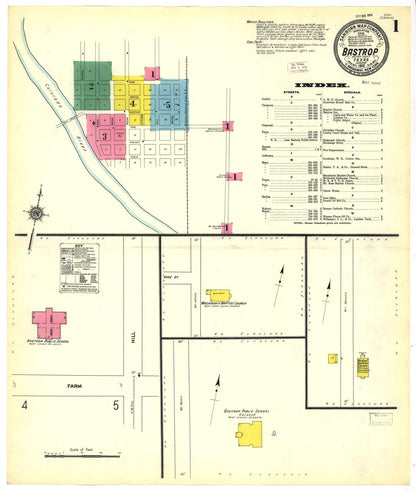 Sanborn Fire Insurance Map from Bastrop, Bastrop County, Texas (1912), Sheet #0001 - Historic Sanborn Fire Insurance Map Print, vintage old map wall art, antique decor, genealogy gift, Texas Texas map