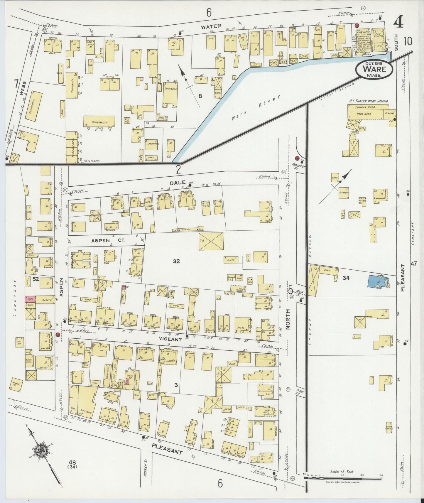 Sanborn Fire Insurance Map from Ware, Hampshire County, Massachusetts (1919), Sheet #0004 - Historic Sanborn Fire Insurance Map Print, vintage old map wall art, antique decor, genealogy gift, Massachusetts Massachusetts map
