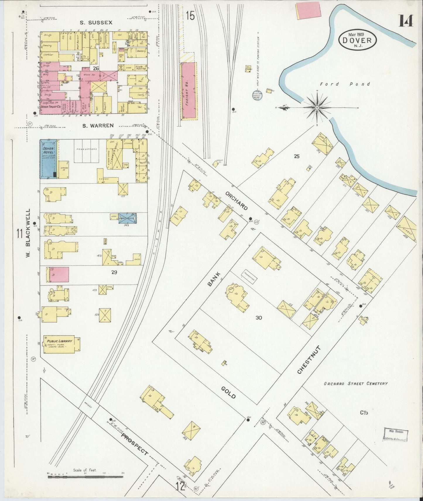 Sanborn Fire Insurance Map from Dover, Morris County, New Jersey (1909), Sheet #0014 - Complete Map Set gallery image, historic Sanborn map, vintage wall art, New Jersey New Jersey