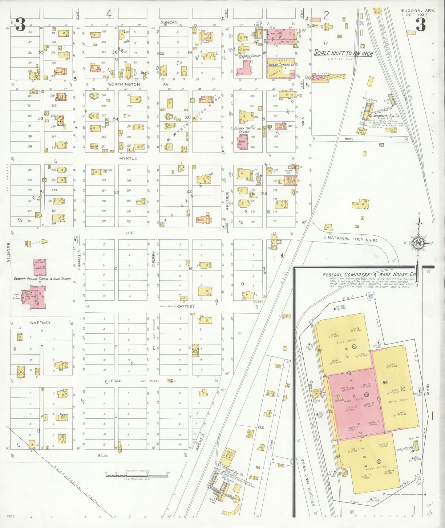 Sanborn Fire Insurance Map from Eudora, Chicot County, Arkansas (1932), Sheet #0003 - Complete Map Set gallery image, historic Sanborn map, vintage wall art, Arkansas Arkansas