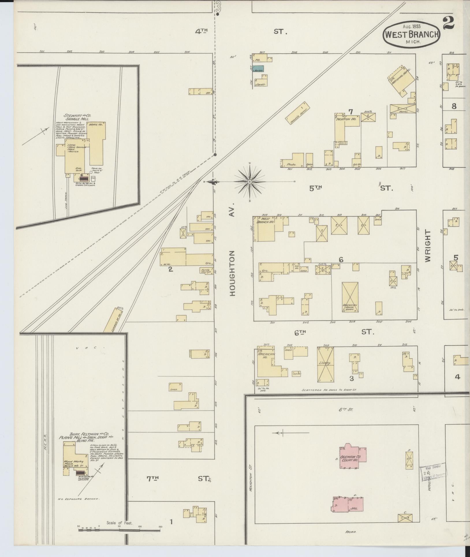 Sanborn Fire Insurance Map from West Branch, Ogemaw County, Michigan (1893), Sheet #0002 - Complete Map Set gallery image, historic Sanborn map, vintage wall art, Michigan Michigan