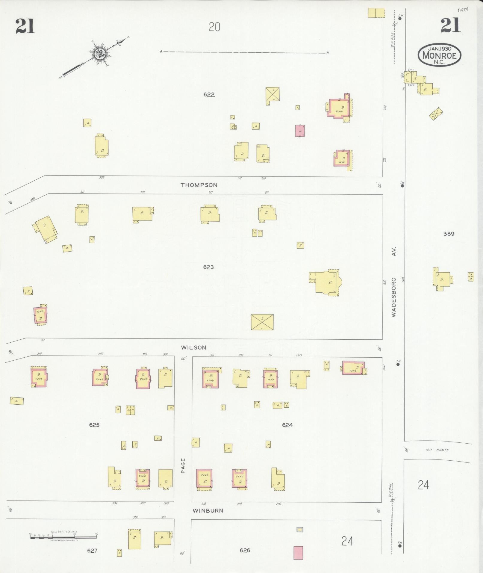 Sanborn Fire Insurance Map from Monroe, Union County, North Carolina (1930), Sheet #0021 - Complete Map Set gallery image, historic Sanborn map, vintage wall art, North Carolina North Carolina
