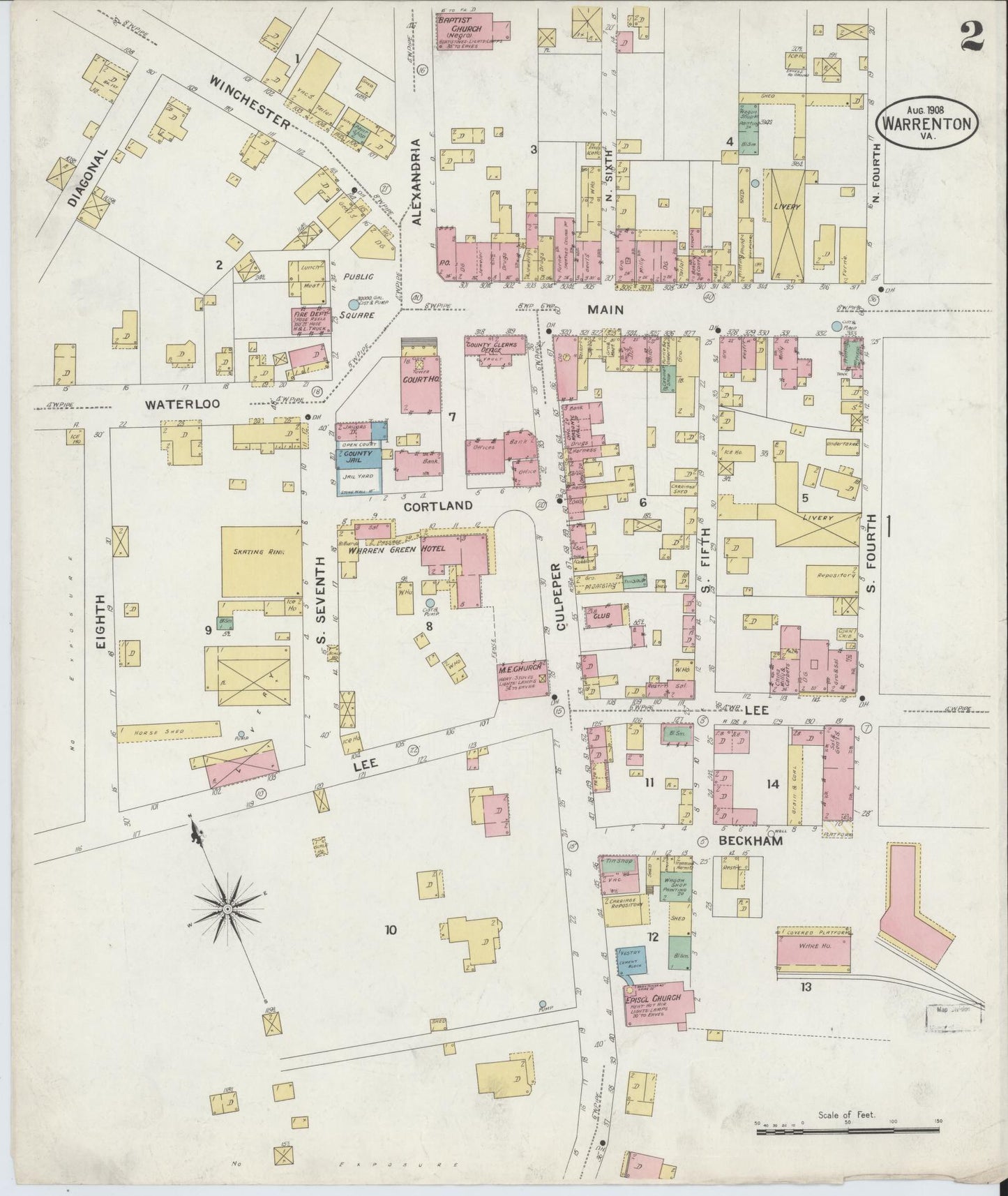 Sanborn Fire Insurance Map from Warrenton, Fauquier County, Virginia (1908), Sheet #0002 - Historic Sanborn Fire Insurance Map Print, vintage old map wall art, antique decor, genealogy gift, Virginia Virginia map