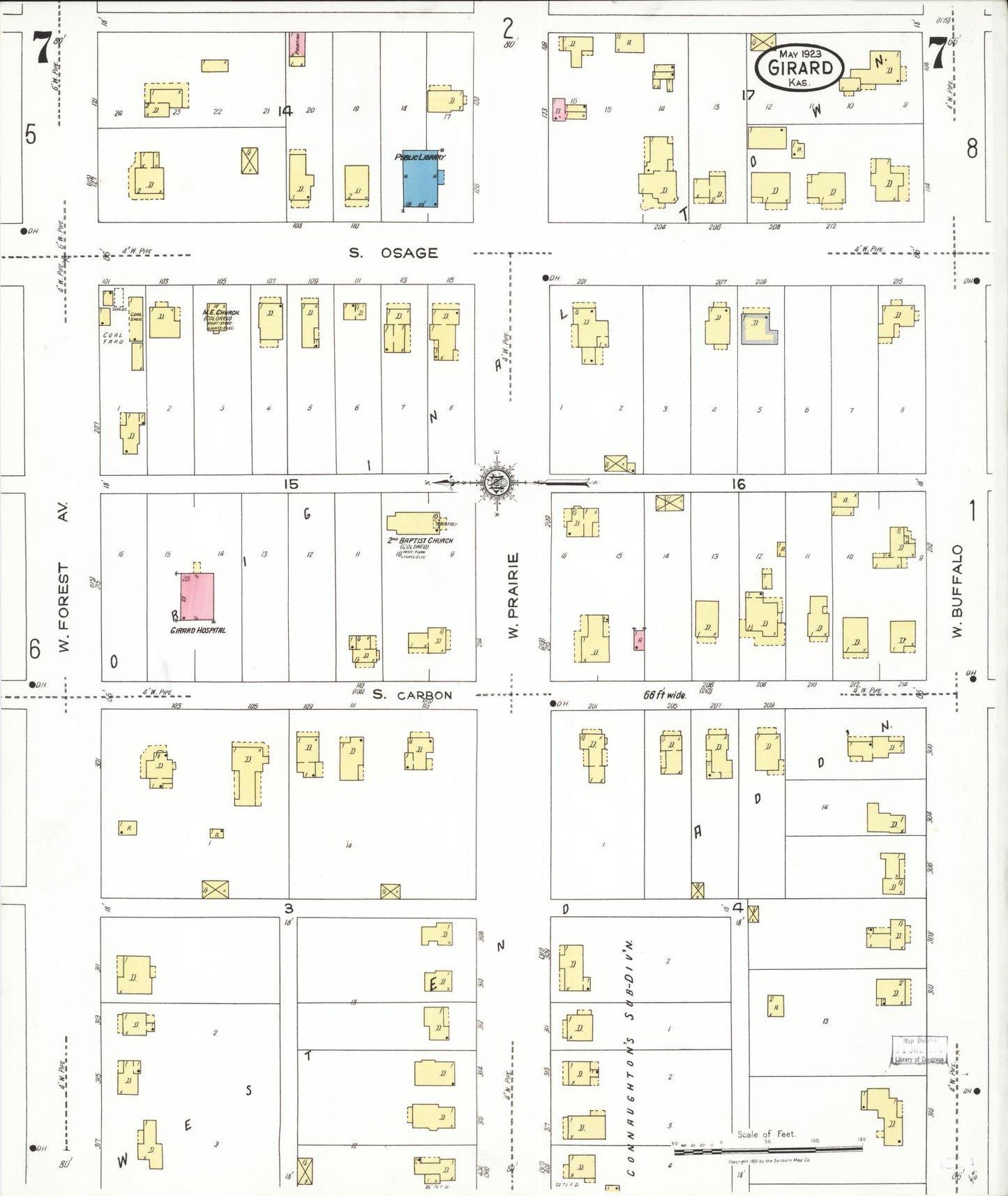 Sanborn Fire Insurance Map from Girard, Crawford County, Kansas (1923), Sheet #0007 - Complete Map Set gallery image, historic Sanborn map, vintage wall art, Kansas Kansas