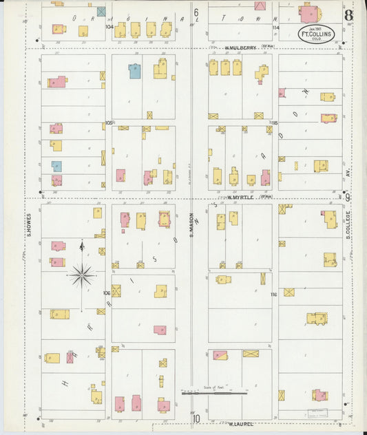 Sanborn Fire Insurance Map from Fort Collins, Larimer County, Colorado (1901), Sheet #0008 - Historic Sanborn Fire Insurance Map Print, vintage old map wall art, antique decor, genealogy gift, Colorado Colorado map