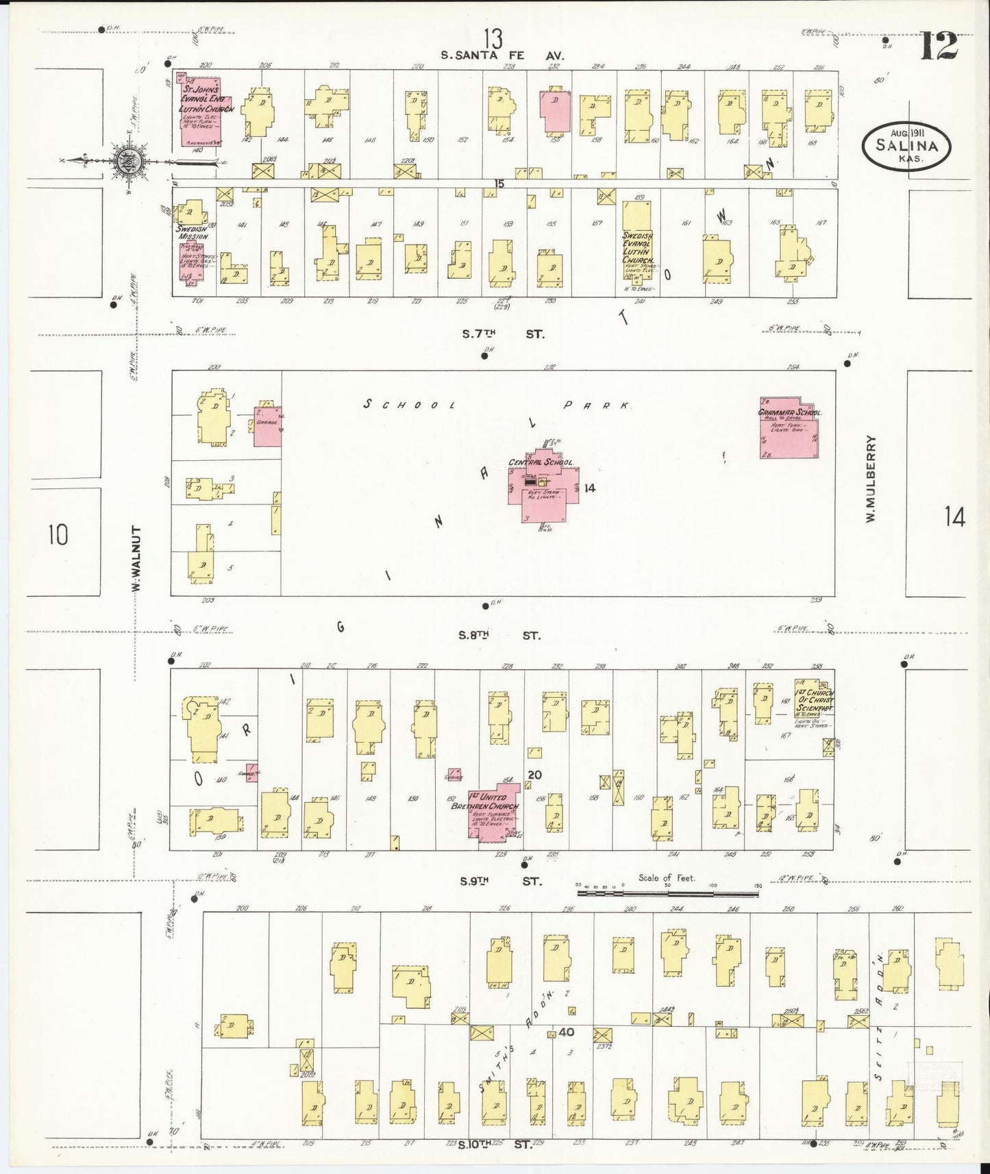 Sanborn Fire Insurance Map from Salina, Saline County, Kansas (1911), Sheet #0012 - Historic Sanborn Fire Insurance Map Print, vintage old map wall art, antique decor, genealogy gift, Kansas Kansas map