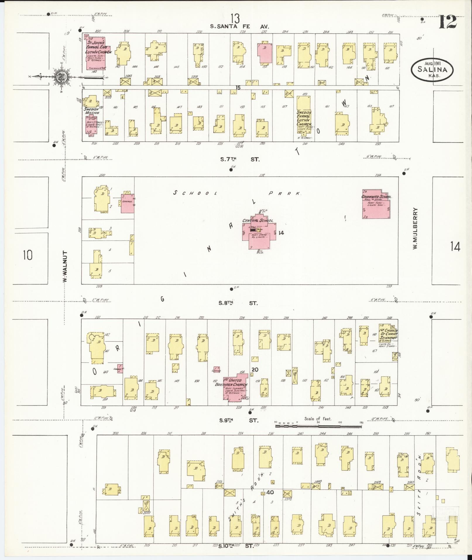 Sanborn Fire Insurance Map from Salina, Saline County, Kansas (1911), Sheet #0012 - Historic Sanborn Fire Insurance Map Print, vintage old map wall art, antique decor, genealogy gift, Kansas Kansas map
