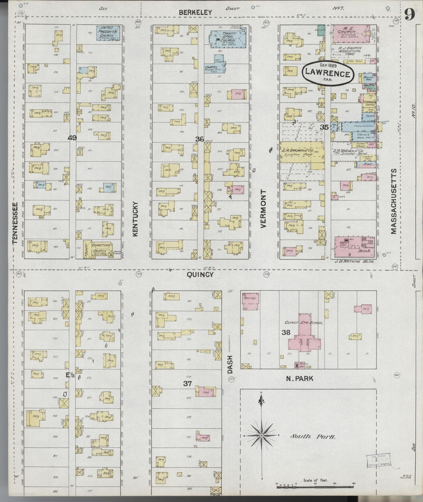 Sanborn Fire Insurance Map from Lawrence, Douglas County, Kansas (1889), Sheet #0009 - Historic Sanborn Fire Insurance Map Print, vintage old map wall art, antique decor, genealogy gift, Kansas Kansas map