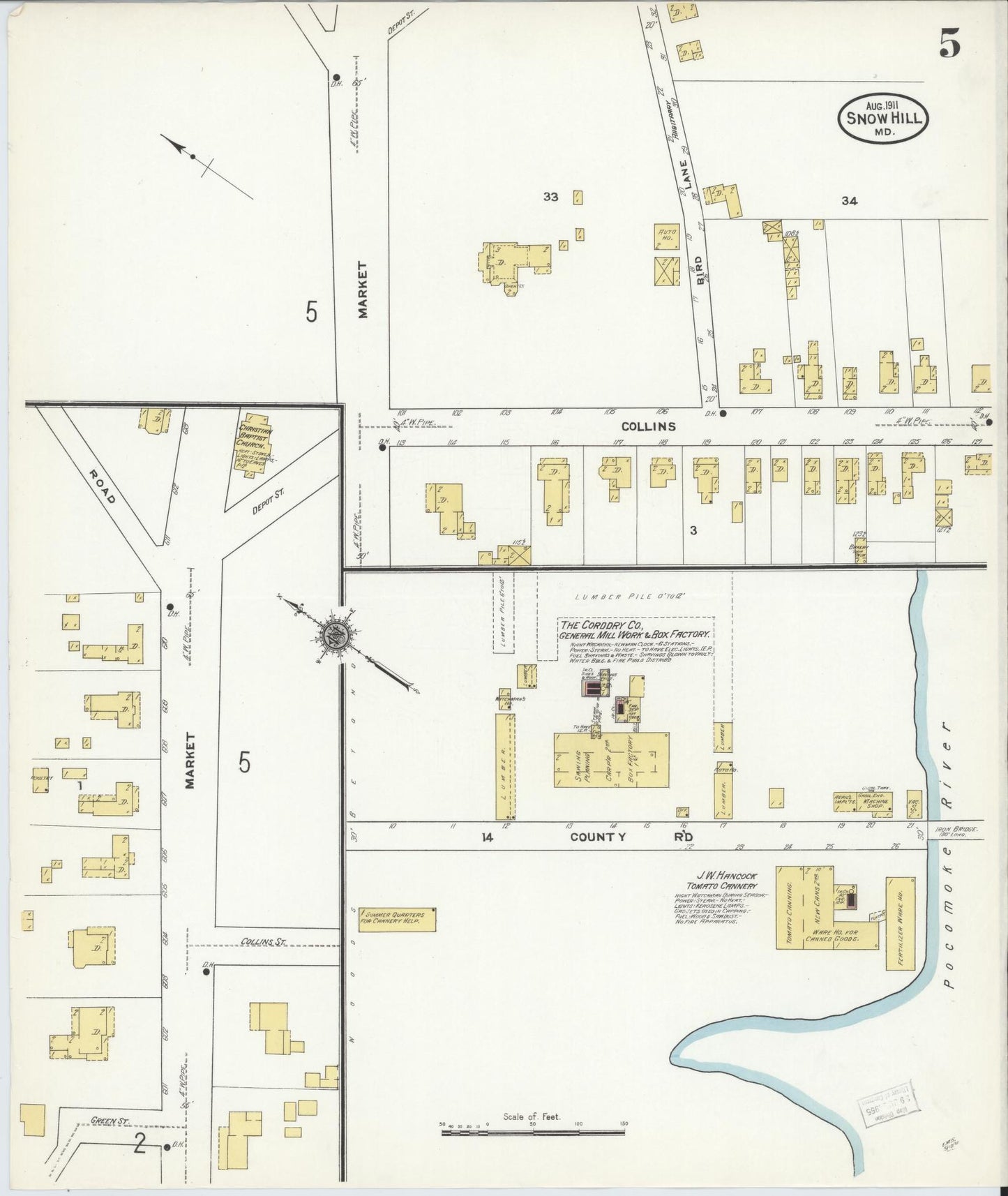 Sanborn Fire Insurance Map from Snow Hill, Worcester County, Maryland (1911), Sheet #0005 - Historic Sanborn Fire Insurance Map Print, vintage old map wall art