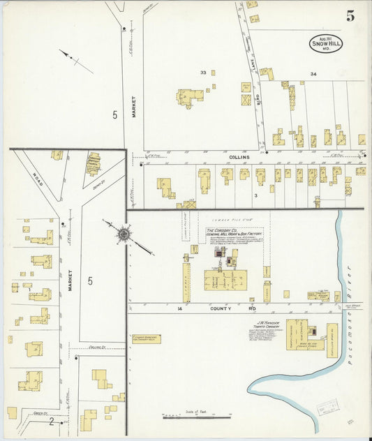 Sanborn Fire Insurance Map from Snow Hill, Worcester County, Maryland (1911), Sheet #0005 - Historic Sanborn Fire Insurance Map Print, vintage old map wall art