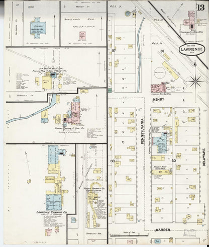 Sanborn Fire Insurance Map from Lawrence, Douglas County, Kansas (1889), Sheet #0013 - Complete Map Set gallery image, historic Sanborn map, vintage wall art, Kansas Kansas