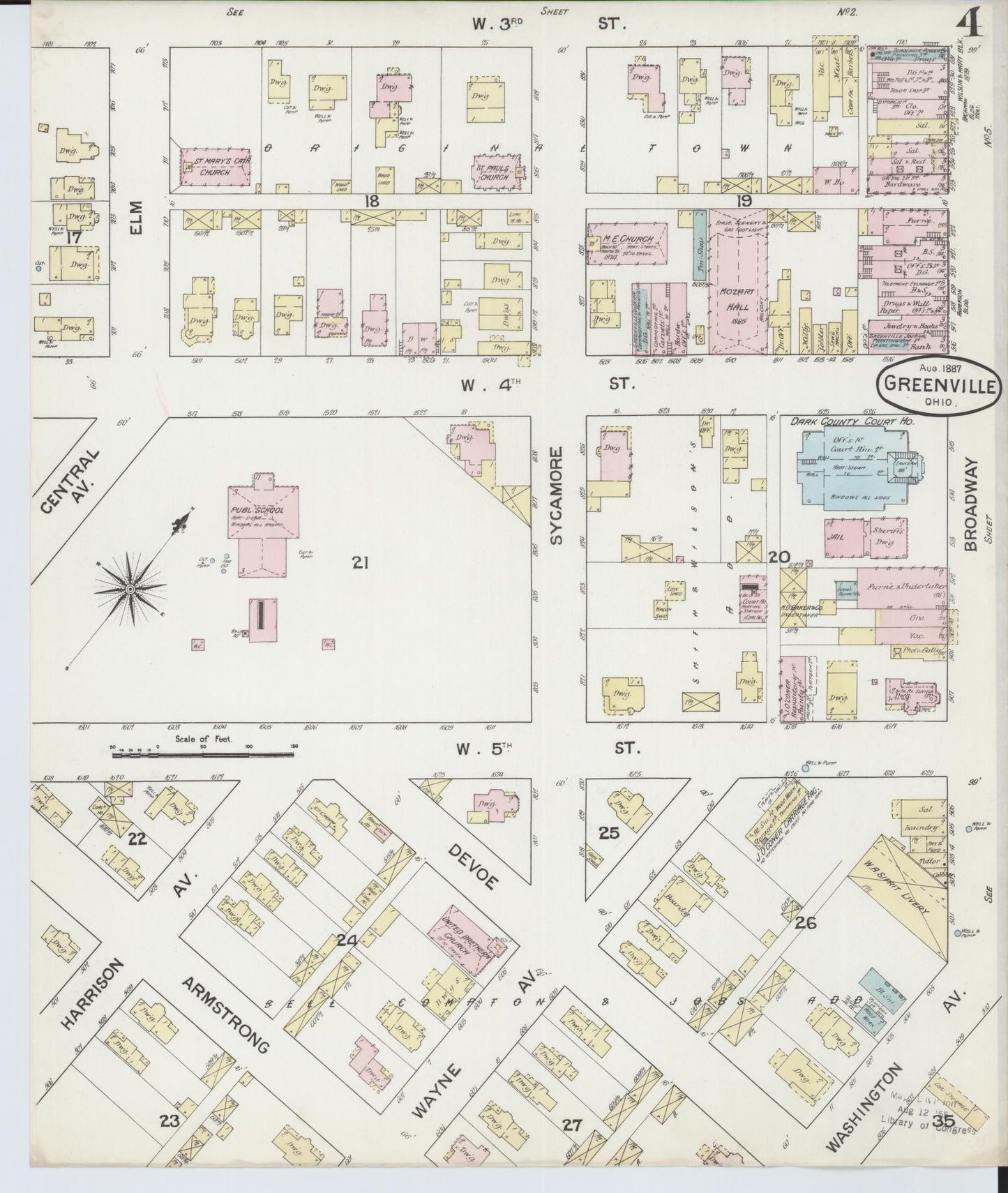 Sanborn Fire Insurance Map from Greenville, Darke County, Ohio (1887), Sheet #0004 - Historic Sanborn Fire Insurance Map Print, vintage old map wall art, antique decor, genealogy gift, Ohio Ohio map