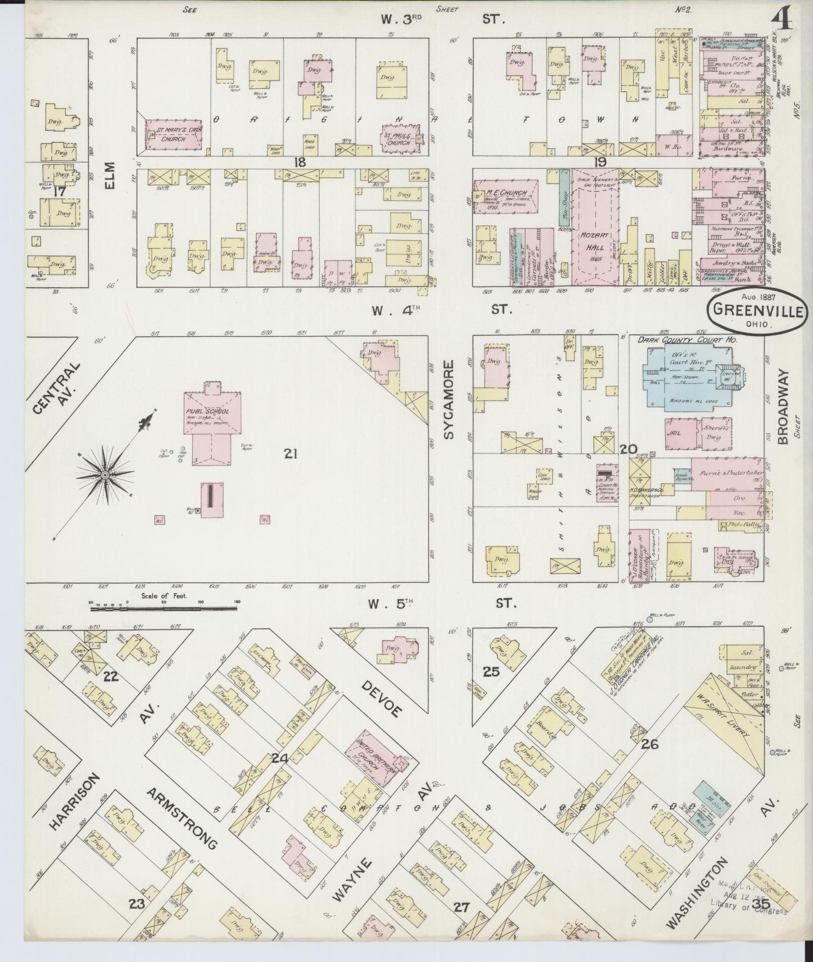 Sanborn Fire Insurance Map from Greenville, Darke County, Ohio (1887), Sheet #0004 - Historic Sanborn Fire Insurance Map Print, vintage old map wall art, antique decor, genealogy gift, Ohio Ohio map