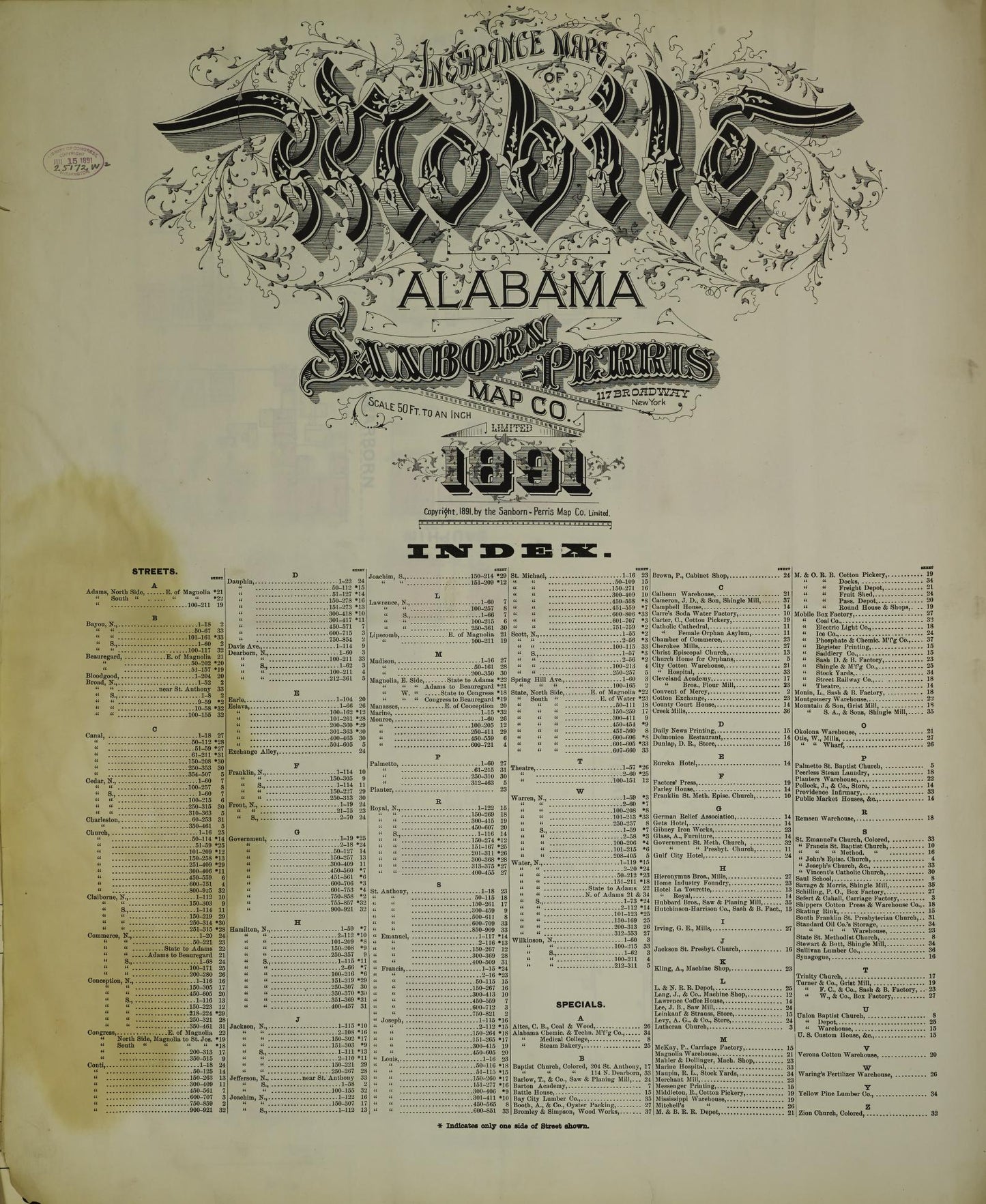 Sanborn Fire Insurance Map from Mobile, Mobile County, Alabama (1891), Sheet #0001 - Historic Sanborn Fire Insurance Map Print, vintage old map wall art, antique decor, genealogy gift, Alabama Alabama map