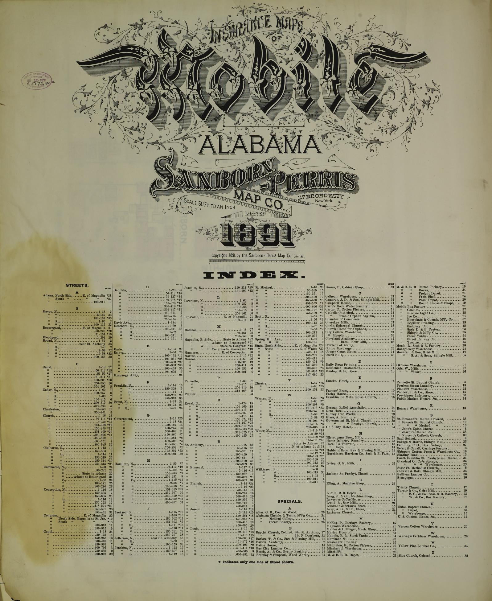 Sanborn Fire Insurance Map from Mobile, Mobile County, Alabama (1891), Sheet #0001 - Historic Sanborn Fire Insurance Map Print, vintage old map wall art, antique decor, genealogy gift, Alabama Alabama map