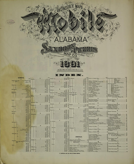 Sanborn Fire Insurance Map from Mobile, Mobile County, Alabama (1891), Sheet #0001 - Historic Sanborn Fire Insurance Map Print, vintage old map wall art, antique decor, genealogy gift, Alabama Alabama map