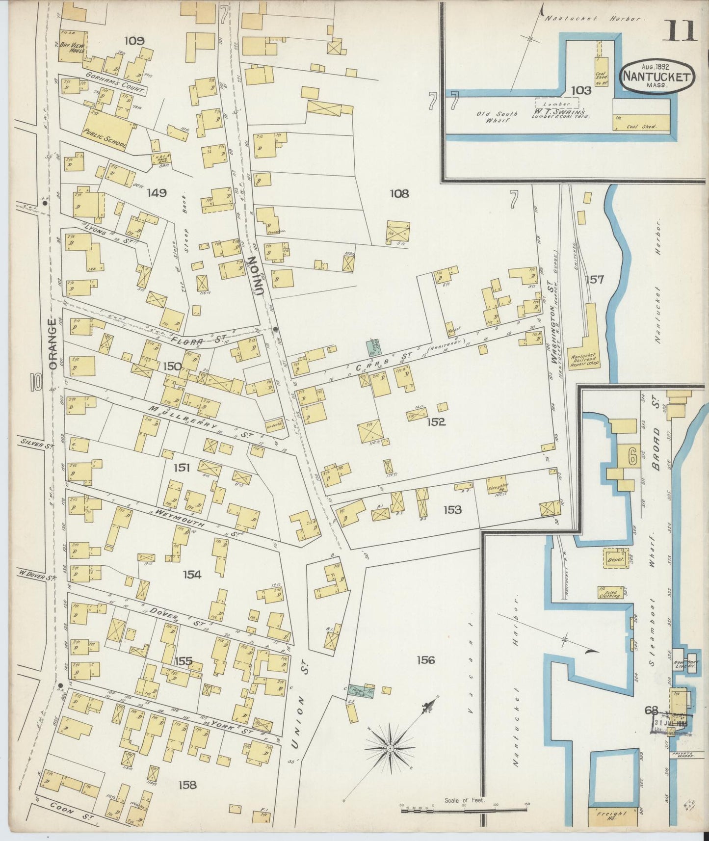 Sanborn Fire Insurance Map from Nantucket, Nantucket County, Massachusetts (1892), Sheet #0011 - Historic Sanborn Fire Insurance Map Print, vintage old map wall art, antique decor, genealogy gift, Massachusetts Massachusetts map
