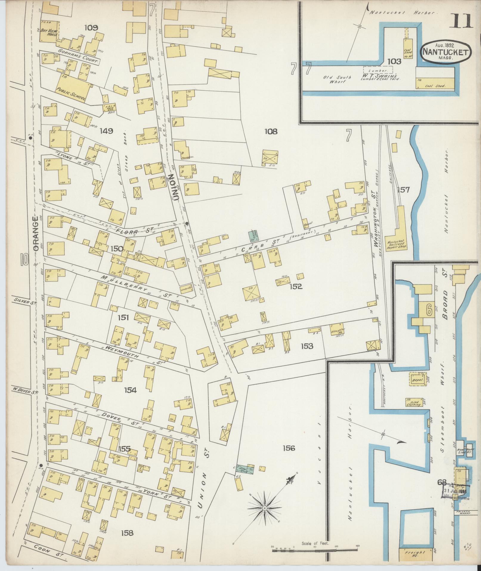 Sanborn Fire Insurance Map from Nantucket, Nantucket County, Massachusetts (1892), Sheet #0011 - Historic Sanborn Fire Insurance Map Print, vintage old map wall art, antique decor, genealogy gift, Massachusetts Massachusetts map