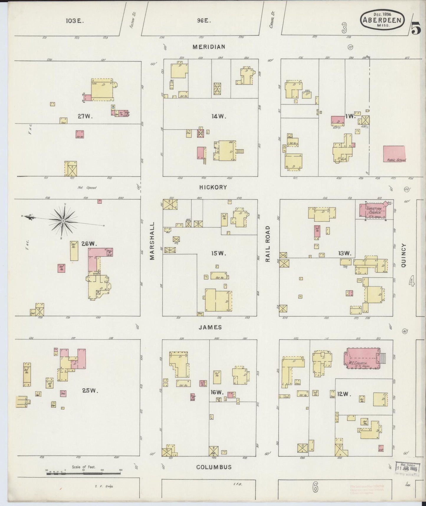 Sanborn Fire Insurance Map from Aberdeen, Monroe County, Mississippi (1894), Sheet #0005 - Historic Sanborn Fire Insurance Map Print, vintage old map wall art, antique decor, genealogy gift, Mississippi Mississippi map