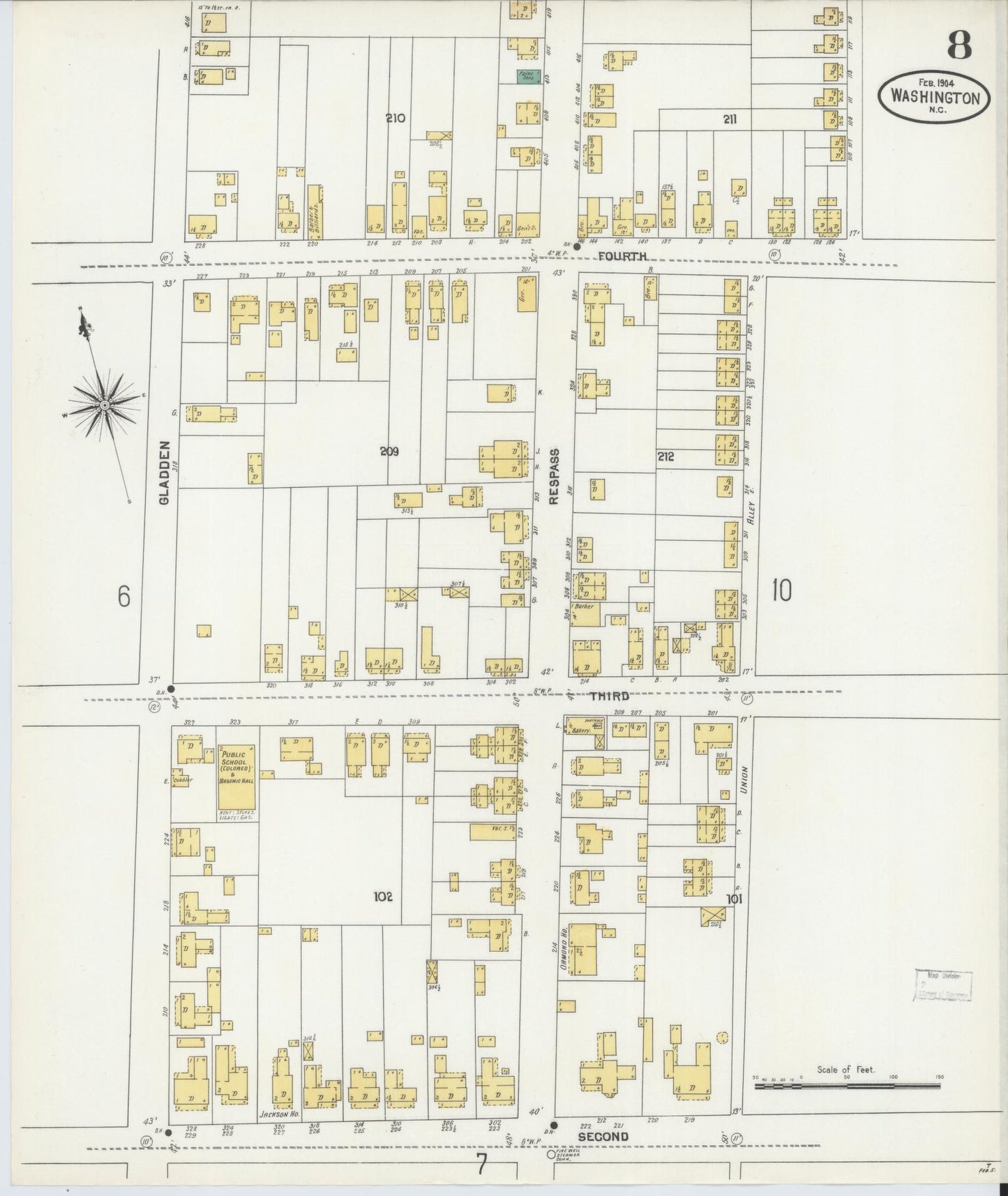 Sanborn Fire Insurance Map from Washington, Beaufort County, North Carolina (1904), Sheet #0008 - Complete Map Set gallery image, historic Sanborn map, vintage wall art, North Carolina North Carolina