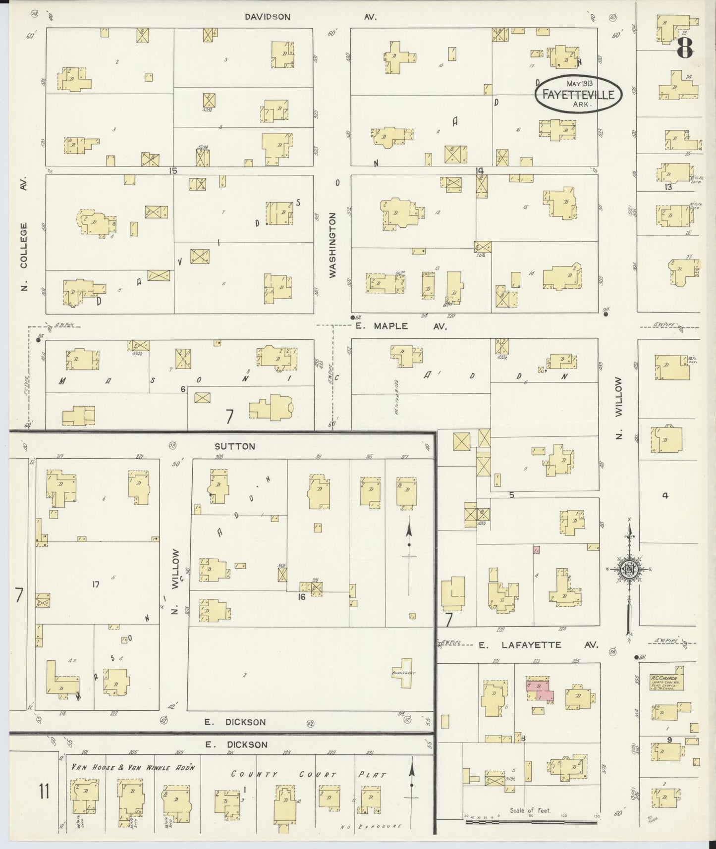 Sanborn Fire Insurance Map from Fayetteville, Washington County, Arkansas (1913), Sheet #0008 - Historic Sanborn Fire Insurance Map Print, vintage old map wall art, antique decor, genealogy gift, Arkansas Arkansas map