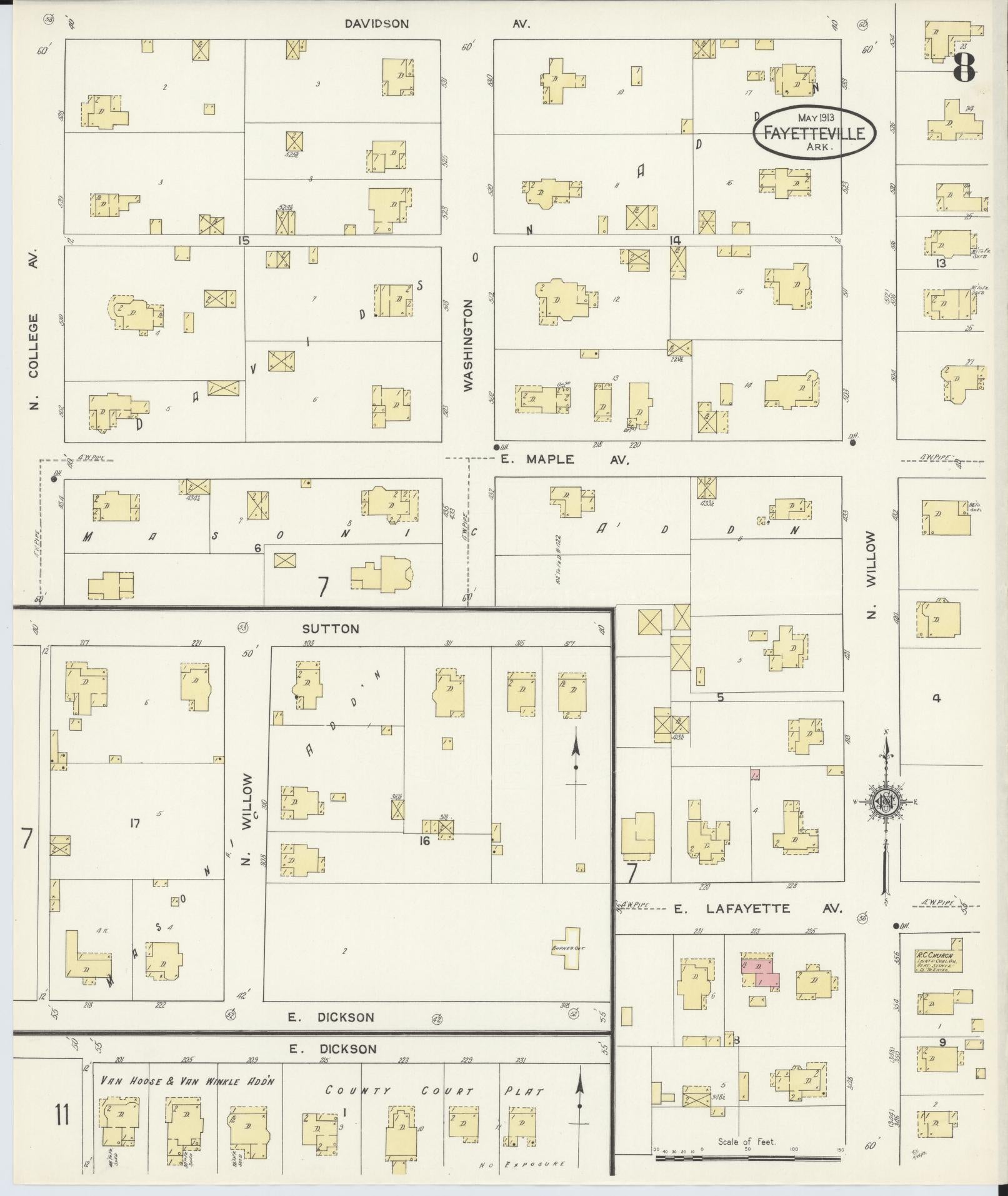 Sanborn Fire Insurance Map from Fayetteville, Washington County, Arkansas (1913), Sheet #0008 - Historic Sanborn Fire Insurance Map Print, vintage old map wall art, antique decor, genealogy gift, Arkansas Arkansas map
