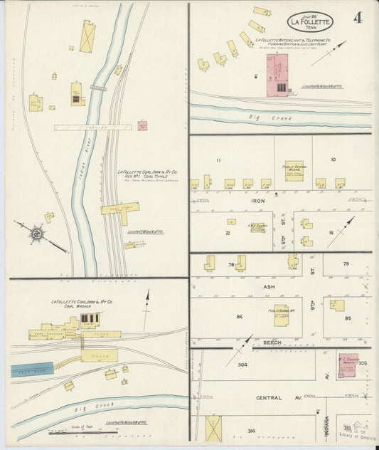 Sanborn Fire Insurance Map from La Follette, Campbell County, Tennessee (1913), Sheet #0004 - Historic Sanborn Fire Insurance Map Print, vintage old map wall art, antique decor, genealogy gift, Tennessee Tennessee map