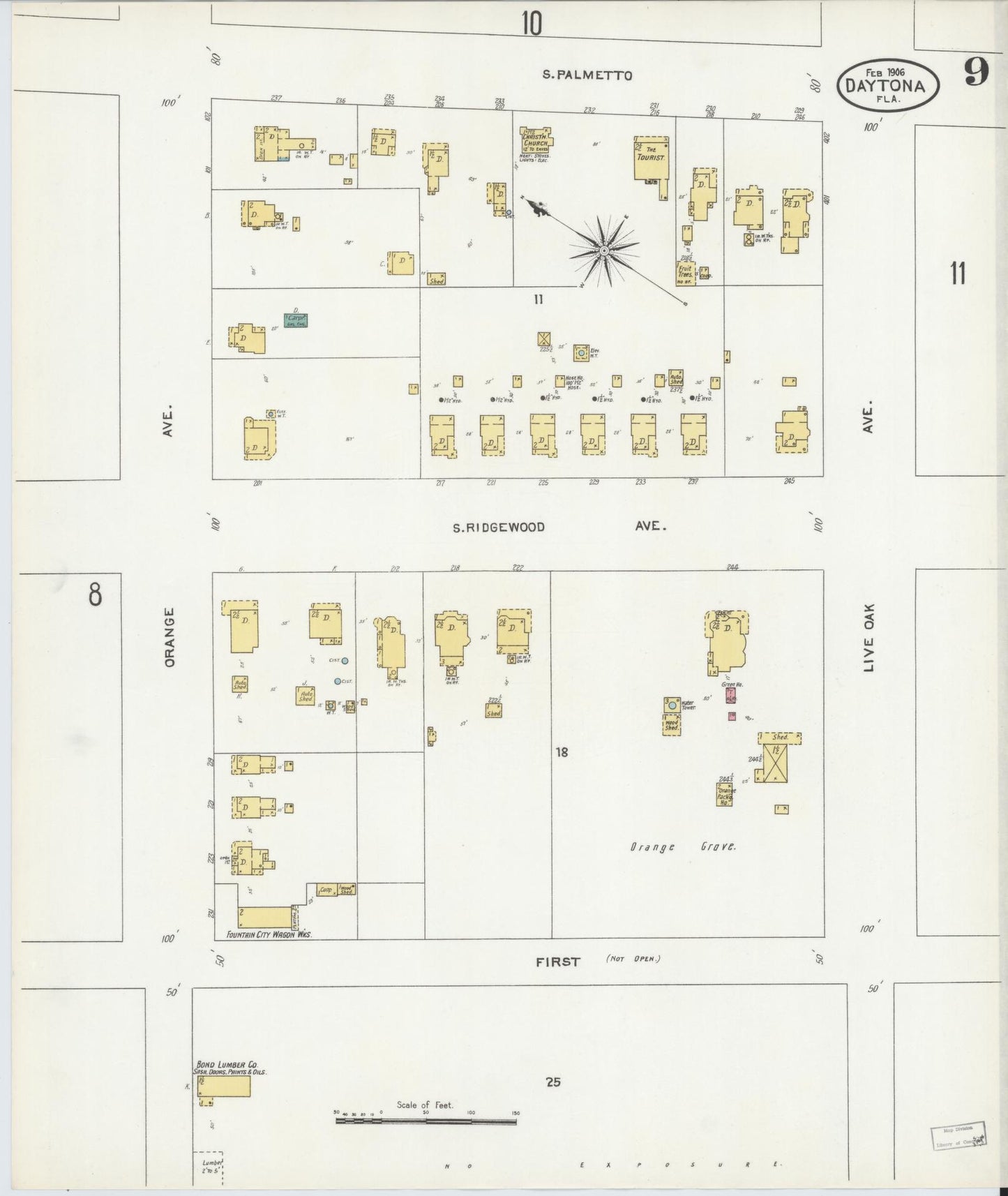 Sanborn Fire Insurance Map from Daytona, Volusia County, Florida (1906), Sheet #0009 - Complete Map Set gallery image, historic Sanborn map, vintage wall art, Florida Florida