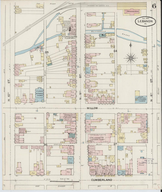 Sanborn Fire Insurance Map from Lebanon, Lebanon County, Pennsylvania (1887), Sheet #0006 - Historic Sanborn Fire Insurance Map Print, vintage old map wall art, antique decor, genealogy gift, Pennsylvania Pennsylvania map